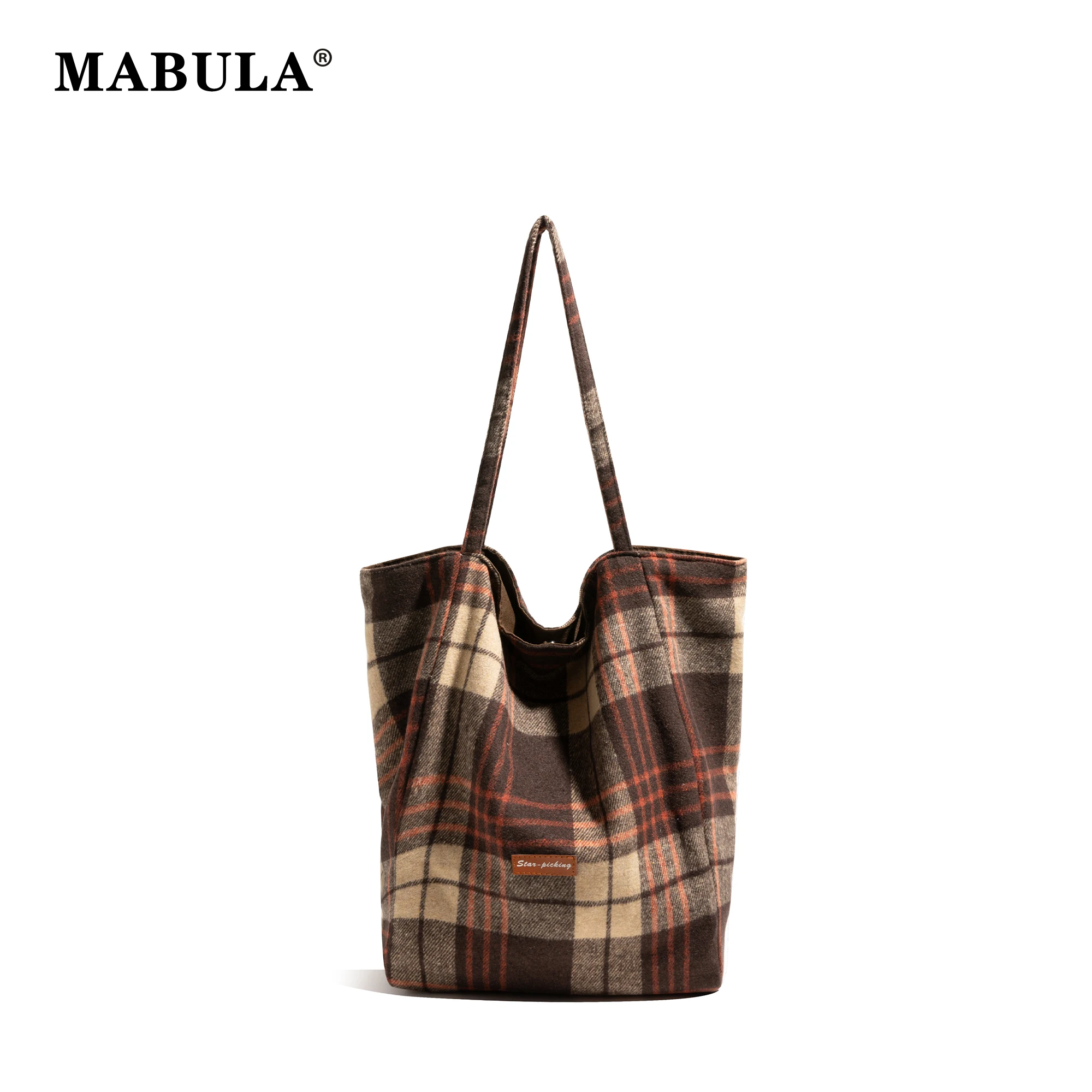 MABULA Korean Style Ins Tote Bag Casual Large Capacity Shoulder Bag Retro Woolen Plaid Woolen Simple Handbag for Commuter