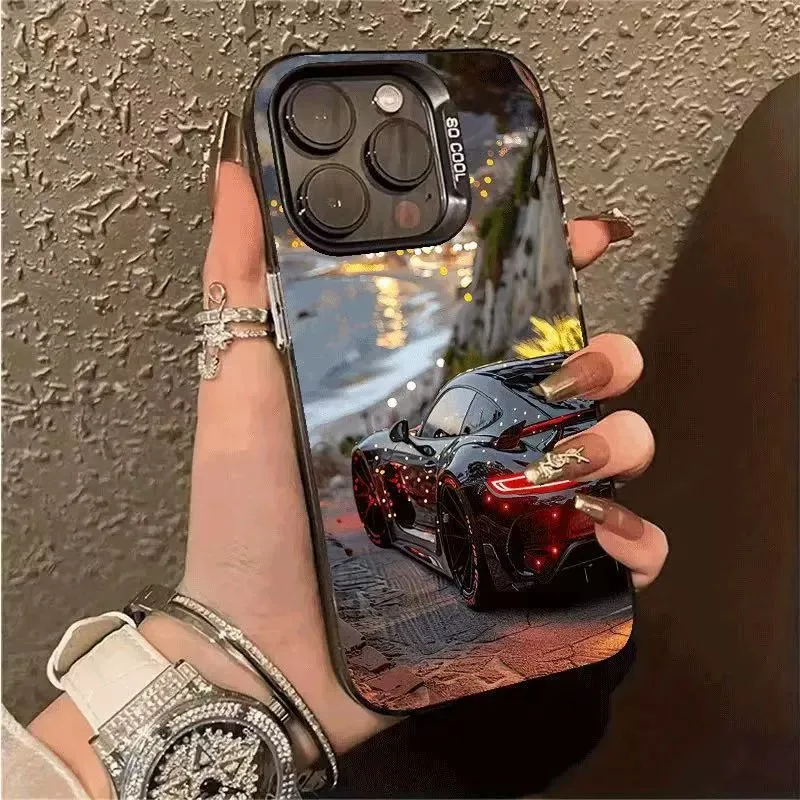 

Чехол для iPhone 17e 16 Pro Max 17 Air 16e 15 14 13 12 11 8 7 Plus SE XS с дизайном спортивного автомобиля, металлический блеск, защитный чехол