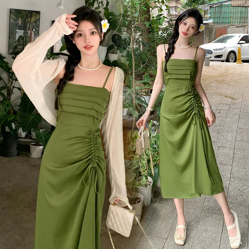 

Overweight Women's Summer Dress Sleeveless Drawstring Waist Pleated Strap Dress Maternity Elegant Party Dress Black Green L-4XL