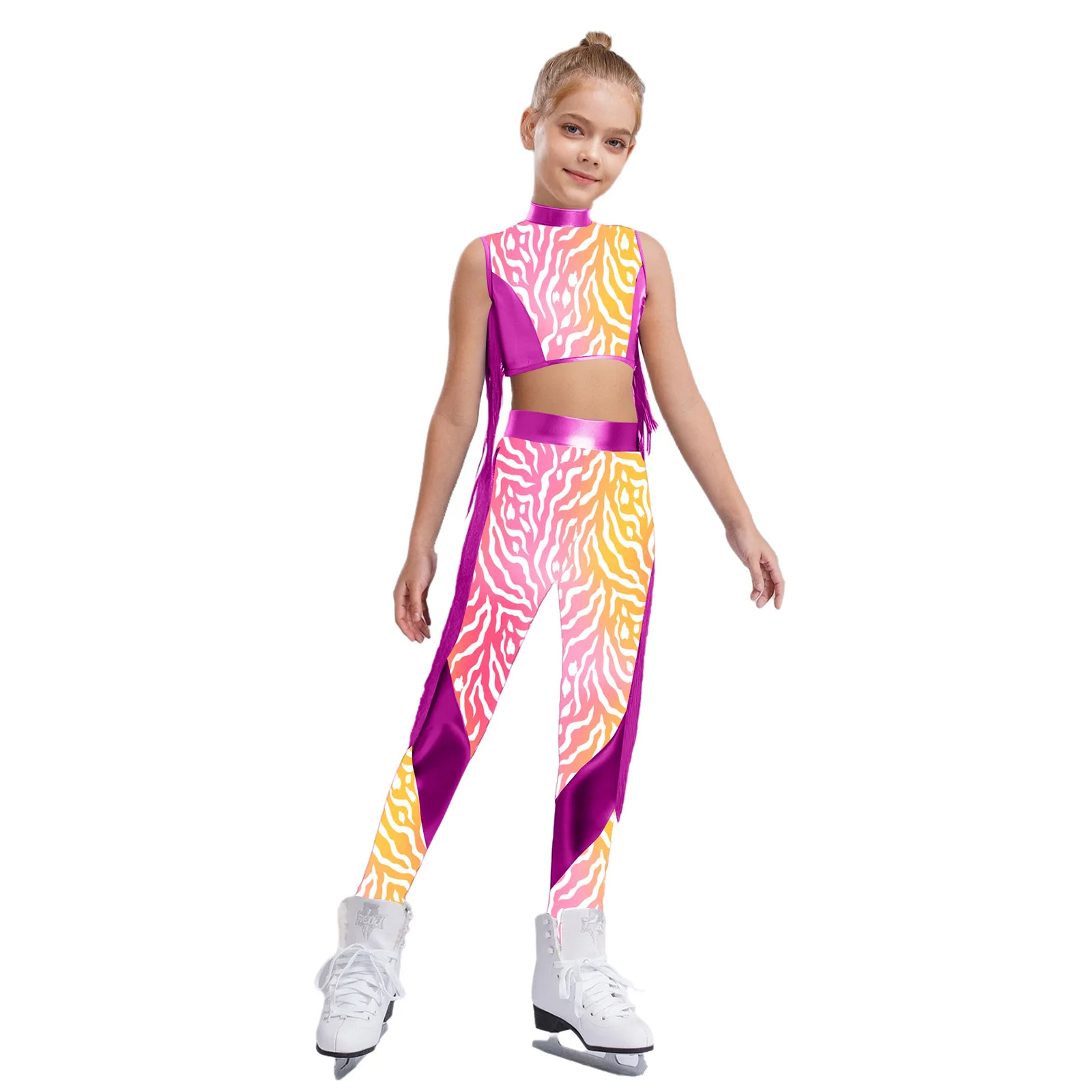 キッズガールズヒップホップジャズダンスパフォーマンスフィギュアスケートコスチュームメタリックタッセルダンス衣装キーホールバッククロップトップとレギンス