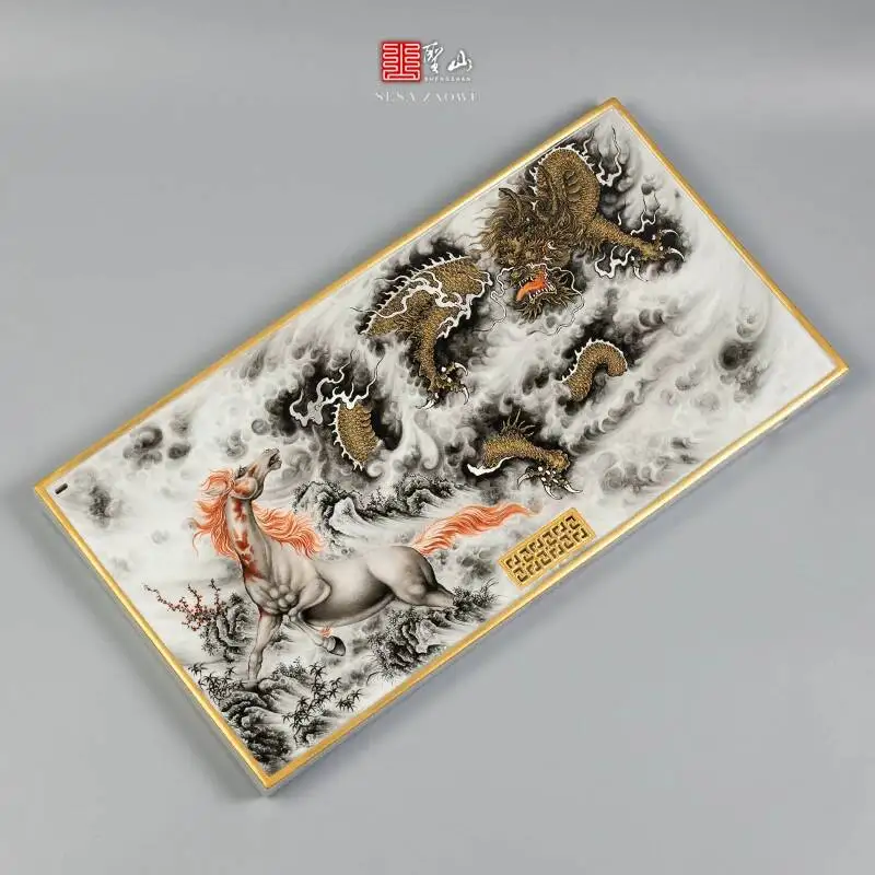 Sacred Mountain High-End Pastel Hand-Painted Dragon Horse Spirit Jingdezhen Chinese Handmade Ceramic Table Dry And Wet Tea Tray