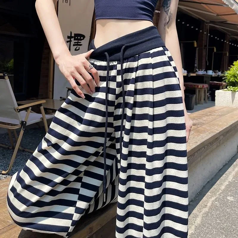B Women's Striped Casual Pants Summer New High‑Waisted Wide‑Leg Trousers Stylish And Versatile Relaxed‑Fit Slimming Long Pant