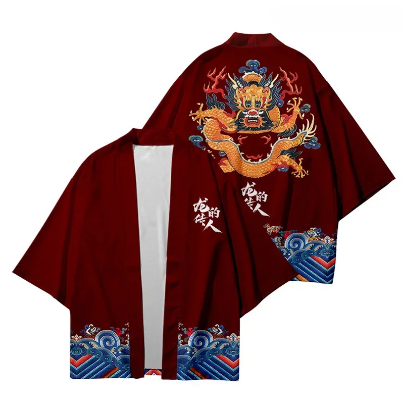 New Arrival Japanese Style Dragon Print Traditional Kimono Men Yukata Cardigan Shirts Cosplay Haori Oversized Streetwear Tops