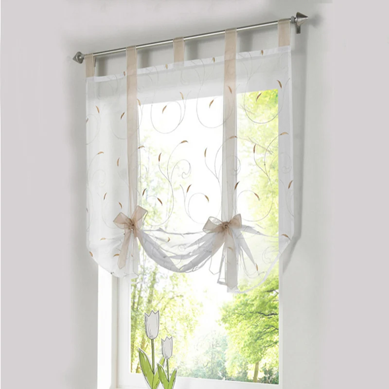 Roman Curtains Luxury Ribbon Short Transparent Tulle European Embroidery Style Lace-up Curtain  Living Room Kitchen