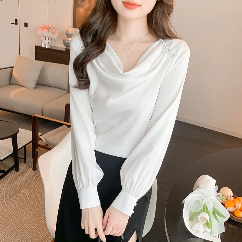 Women Blouse French Swinging Collar Beaded Long Sleeve Office Ladies Tops 2024 Spring Elegant All Match Formal Shirts