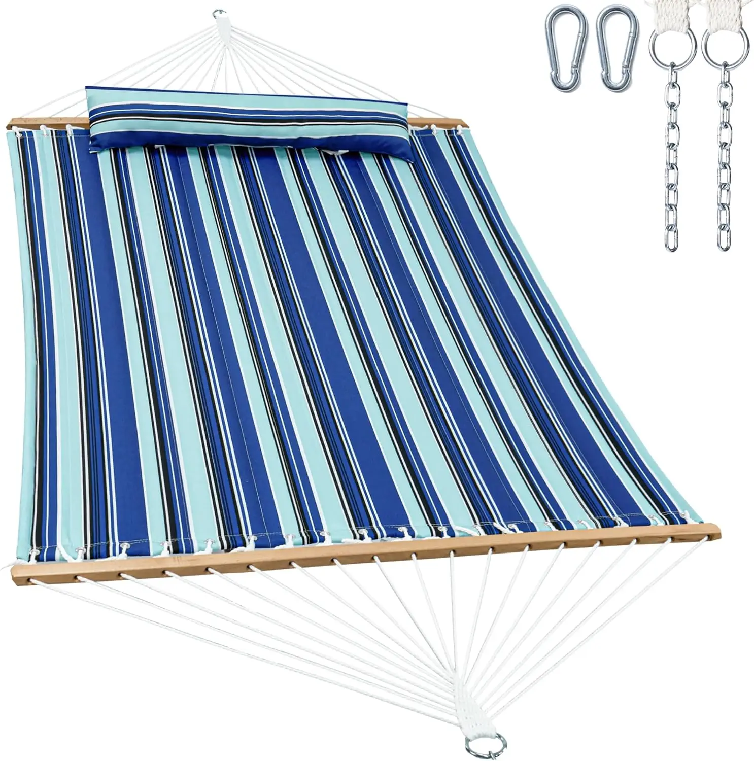

Double Quilted Fabric Outdoor Hammock with Spreader Bar, Large Pillow, Storage Pockets, Max 475 lbs Capacity