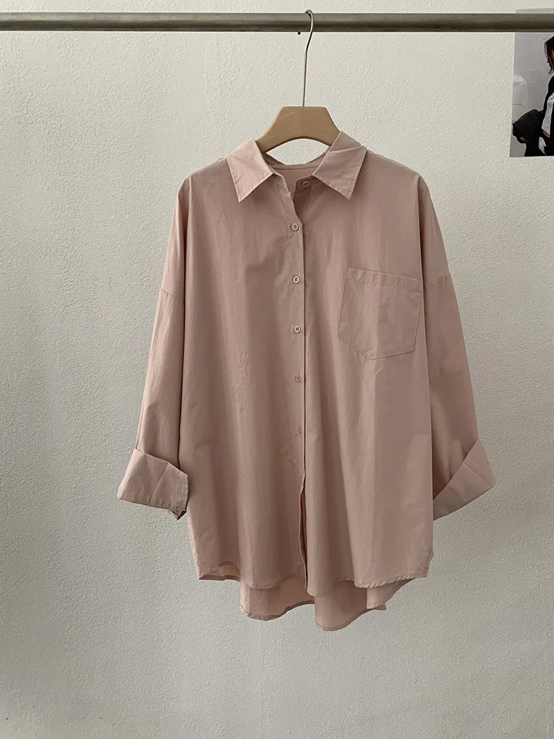 秋の韓国女性のカジュアルシャツラペルシングルブレスト長袖無地シャツファッションシンプルなルーズ女性ブラウス