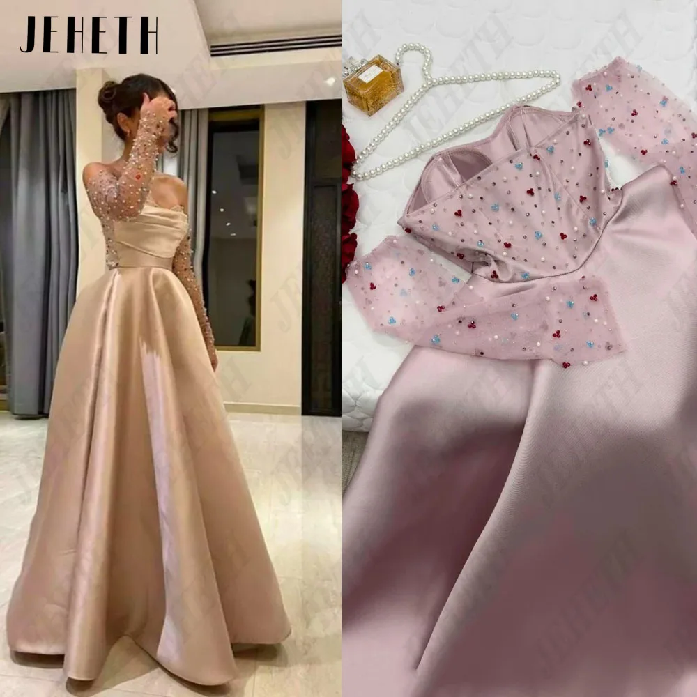 

JEHETH Saudi Arabia Evening Dresses For Woman 2024 Long Sleeves A-Line Strapless Satin Beading Real Photo فساتين مناسبة رسمية