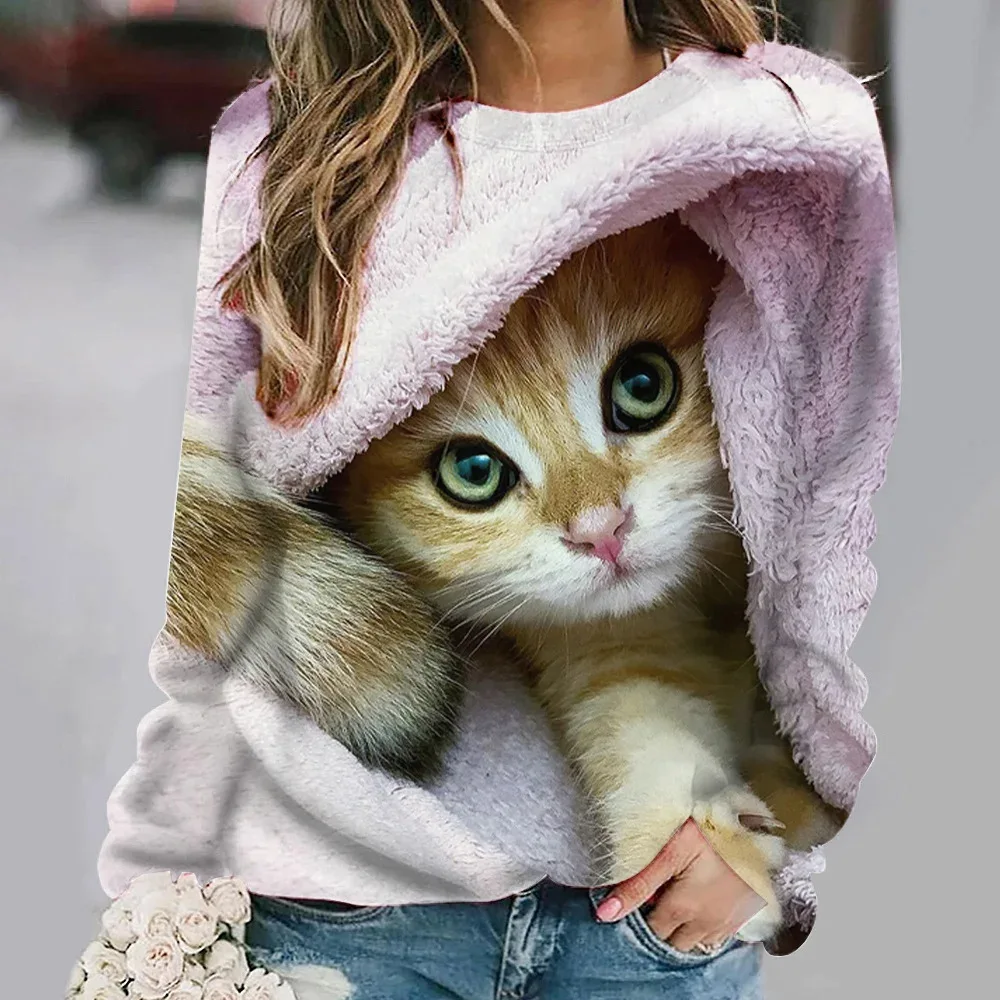 Tiki\'s new cute cat y2k hoodies Women\'s sweatshirts women\'s 3D printed hoodie fashionable round neck long sleeved hooded sweatsh