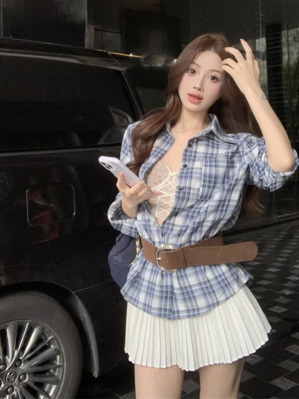 

Retro Cool Vintage Women's Faion Set with Plaid Long Sve irt And Pleated Skirt Autumn Wear Casual High Waist