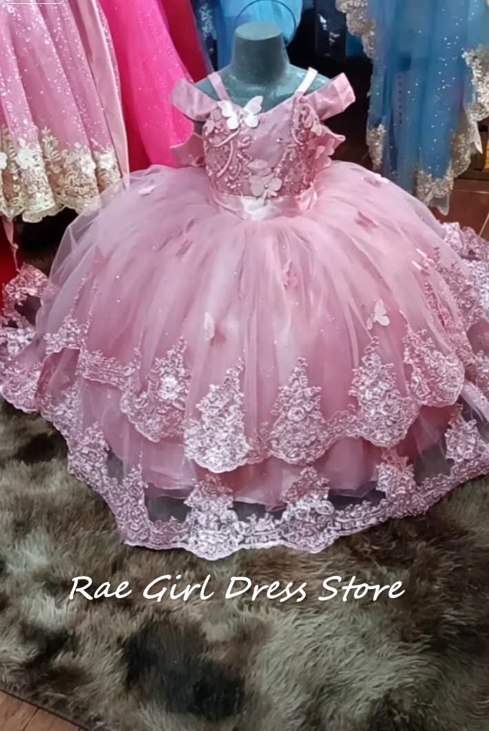 Pink Flower Girl Dress A‑Line Floor Length Puffy Gown Glitter Tulle 3D Butterfly Lace Appliqued Satin Waistband For Wedding