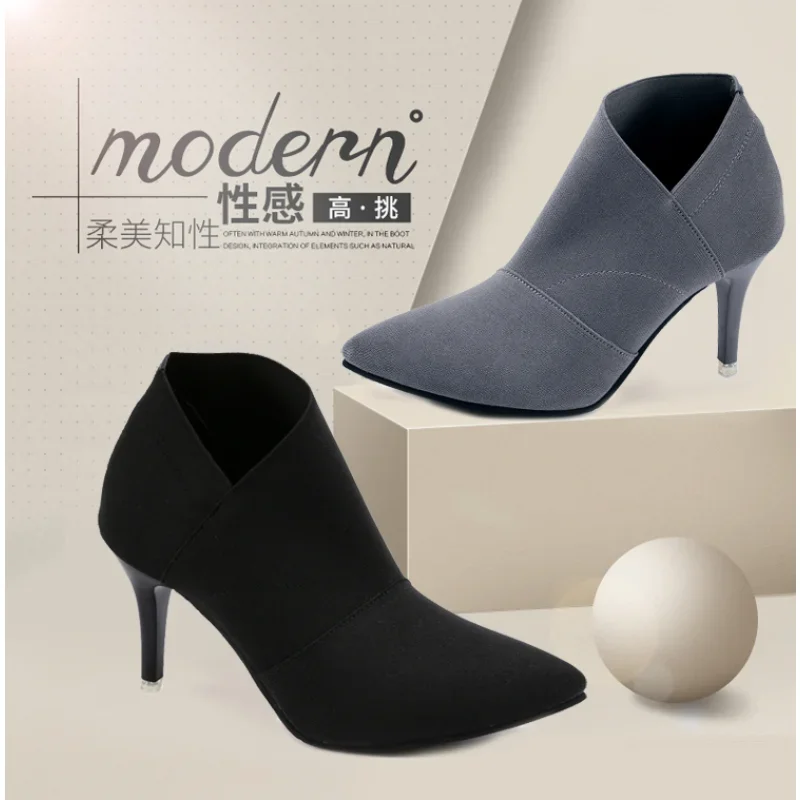 2024 Grey Fashion Women High Heel Booties Large Size 34-41 Female High-Heeled Boots Young Ladies Booties 8.5cm Heel Cloth Boots