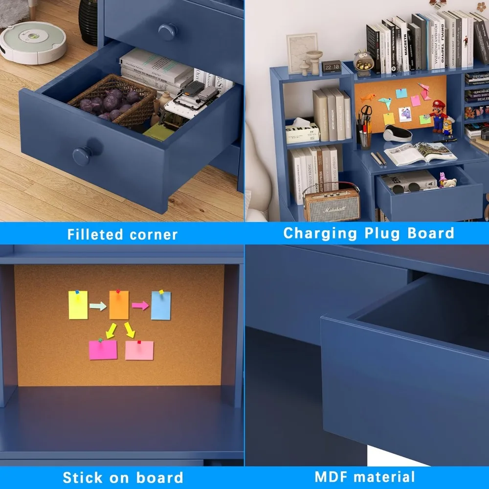 Kids Study Table with Storage ShelfF,Childrens Computer Desk with 4 Drawers,Blue Kids Desk and Chair Set for 5-12 Year