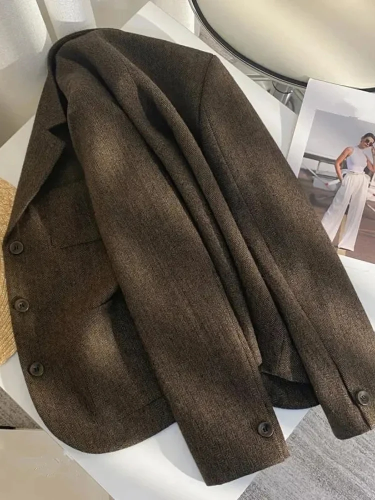 Jmprs Winter Faux Woolen Blazer Women Vintage Slim Long Sleeve Harajuku Suit Coat Casual American Retro Simple Coffee Outwear
