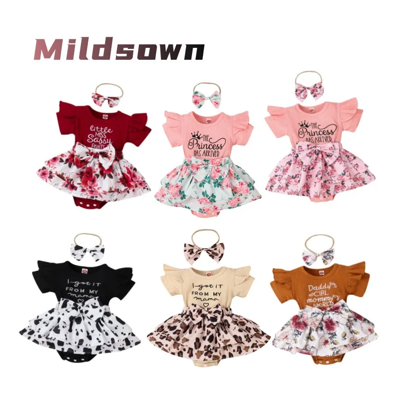 Infant Baby Girls Summer Fake 2pcs Romper Dress Short Sleeve Ruffle Decor Crew Neck Bow Front Patchwork Bodysuit Headband Outfit