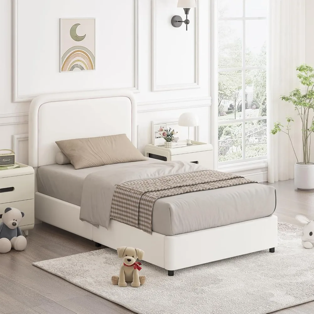 Upholstered Bed Frame Twin, Faux Leather Platform Bed with Curved Headboard, Classic Color-Blocking Design