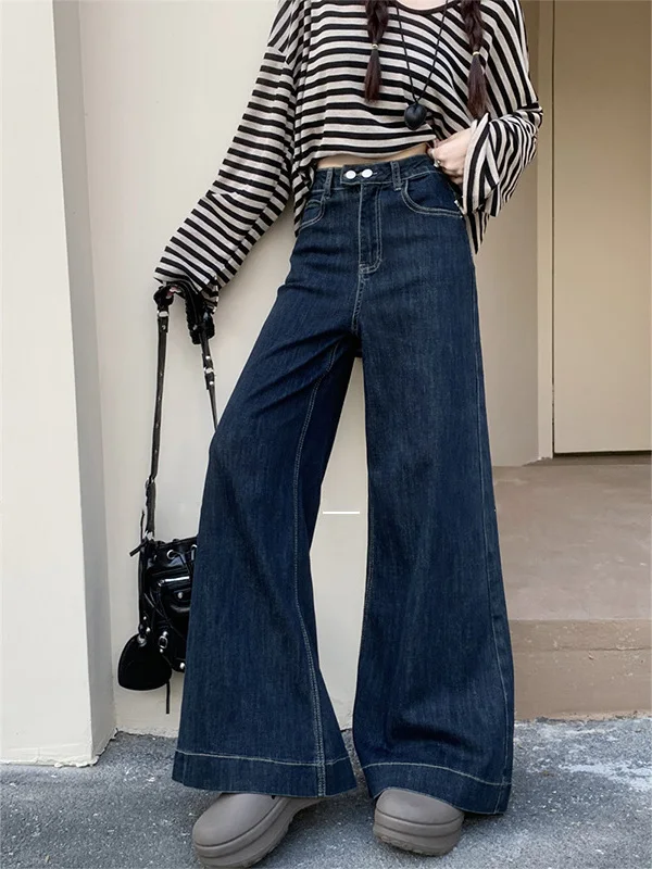 

American Sle Loose Wide Leg Blue ey Denim Jeans Women's Autumn Winter New Arrival plus Size Small Height Non-Matching Fla...