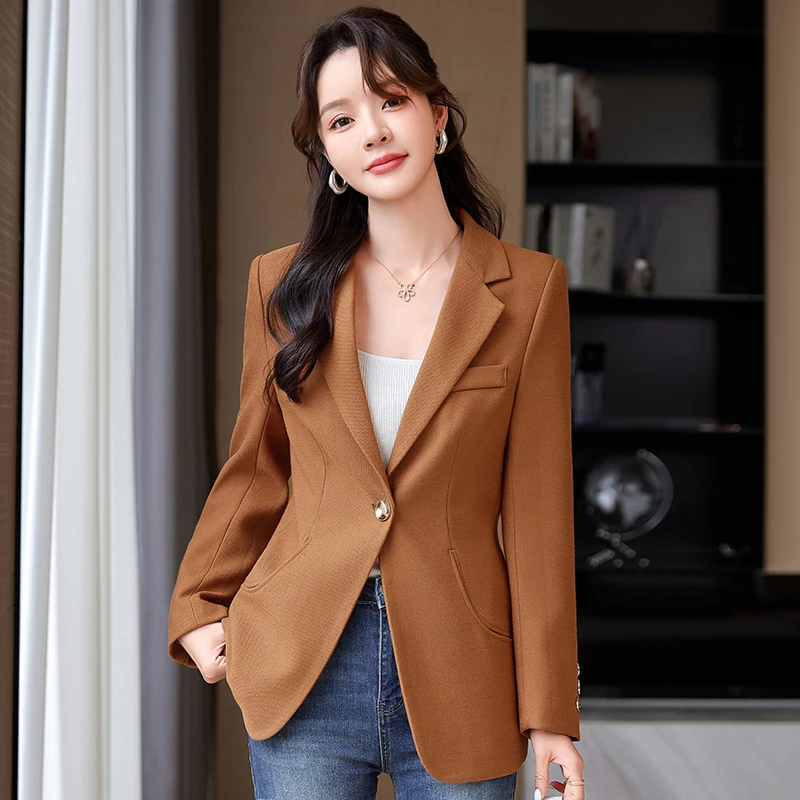 Setelan wanita lengan panjang, setelan atasan kantor wanita profesional satu kancing, jaket jas musim semi musim gugur Slim-fit