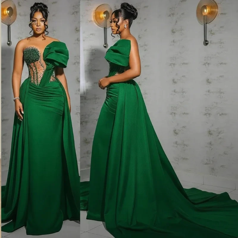 Elegante groene zeemeermin avondjurk kristal rimpel sweep trein formele feestjurk vestido baljurk vestidos de fiesta aangepast