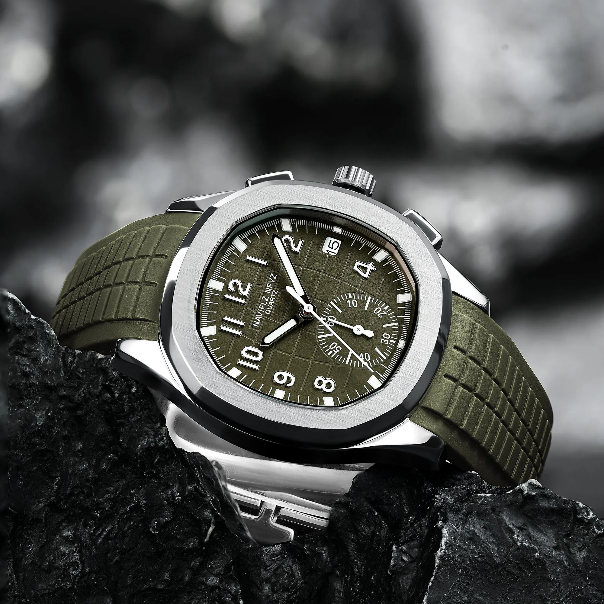 2026 NAVIFLZ NFVZ Luxury Men's Watch Green Rubber Strap Japanese VD53 Quartz Movement Sapphire Glass Waterproof Stainless Steel