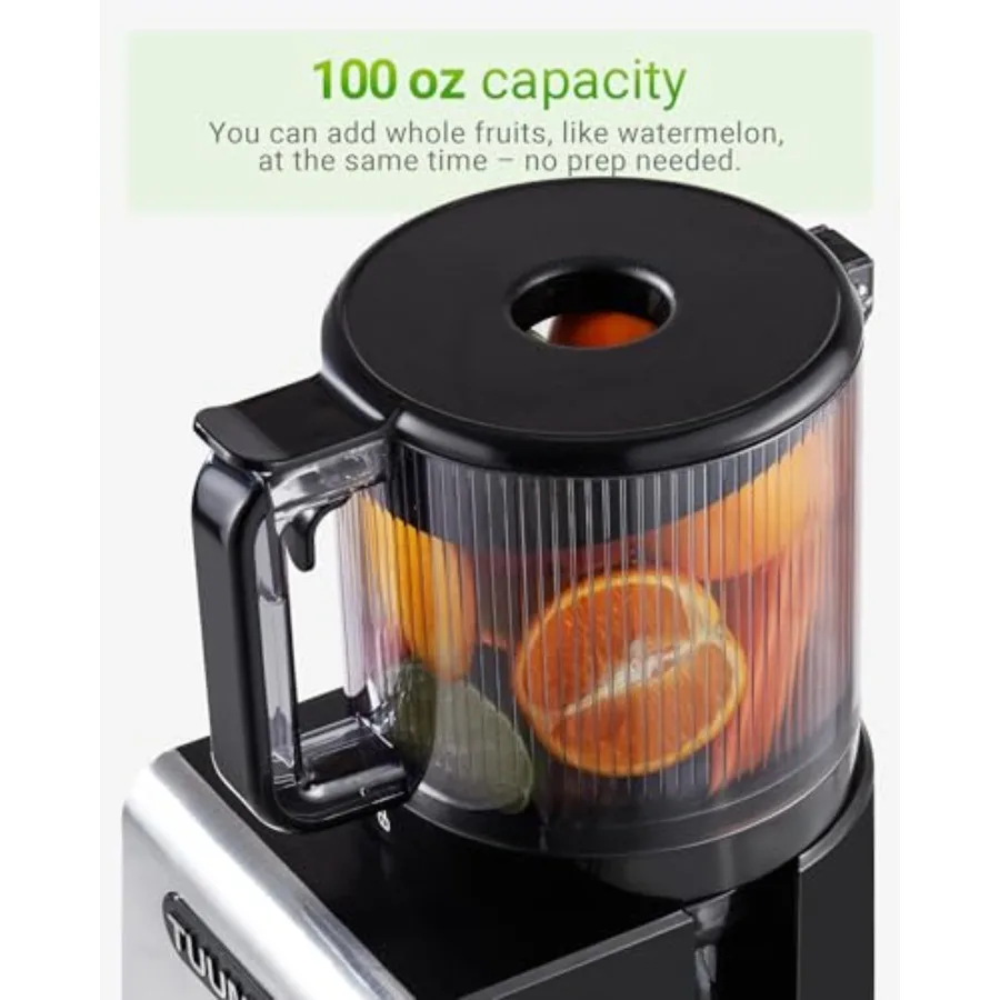 6.5インチの大きな投入口を備えたコールドプレスジューサーマシン。果物や野菜を丸ごと投入できる設計で、高いジュース収量効率を実現。