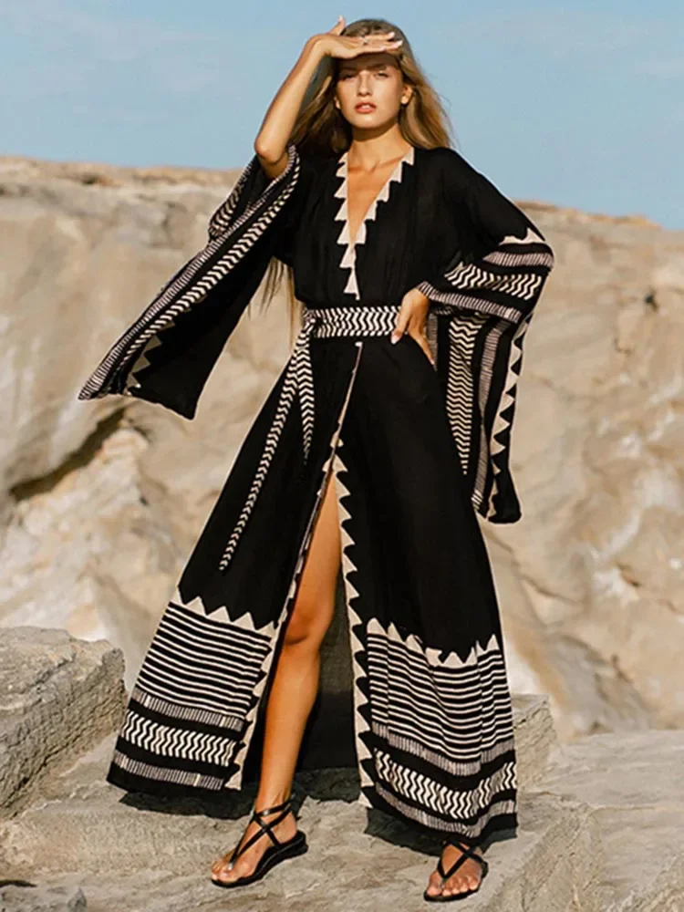 Bikini Cover Up Women Beach Cover-Ups Contrast Color Long Sleeve Summer 2025 New Fashion Lace Up Female Holiday Beachwear