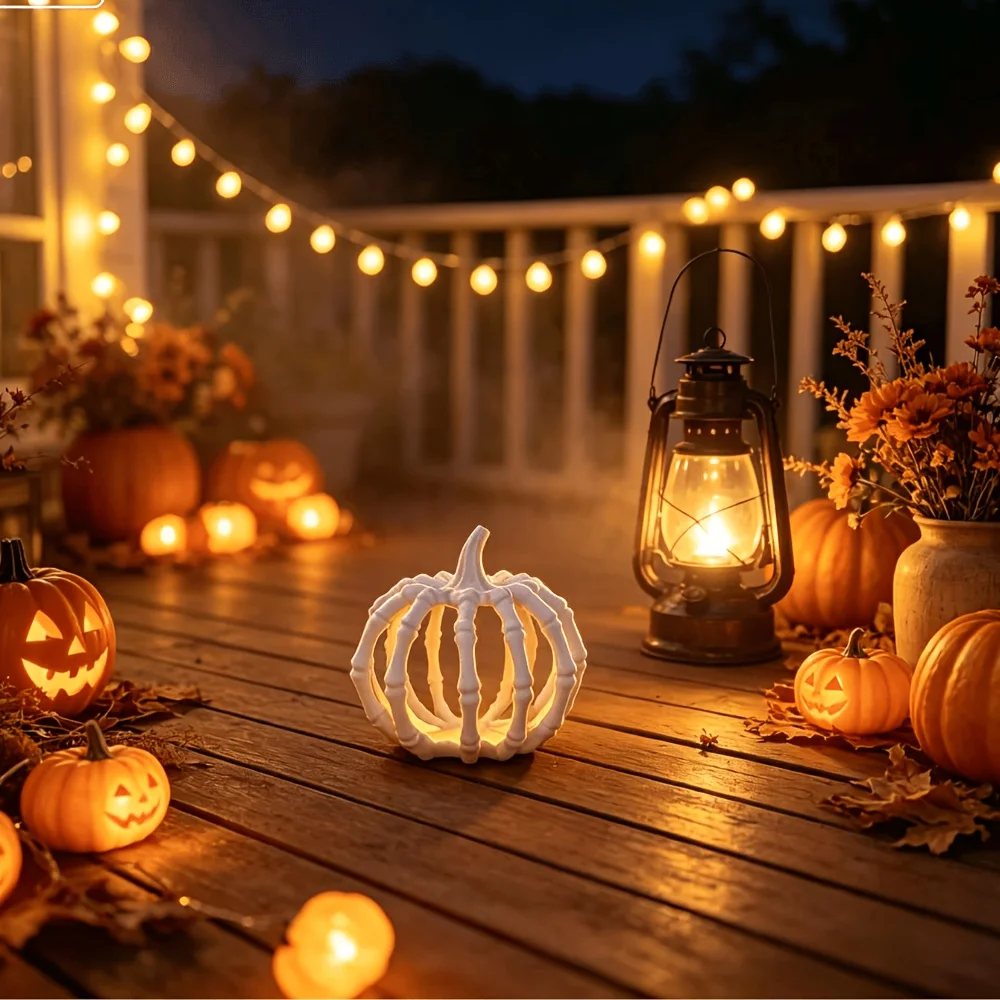 Skeleton Bone Pumpkin Figurine 3D Printed Hollow Halloween Decor Ornaments Spooky Tabletop Statue Fall Harvest Party Decor Gifts