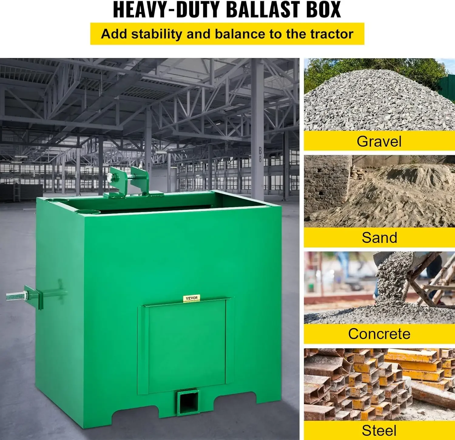 3 Point Ballast Box, 800lbs Capacity Hitch Ballast Box, Standard 2'' Hitch Receiver, Tractor Ballast Box with 5cu.ft Volume