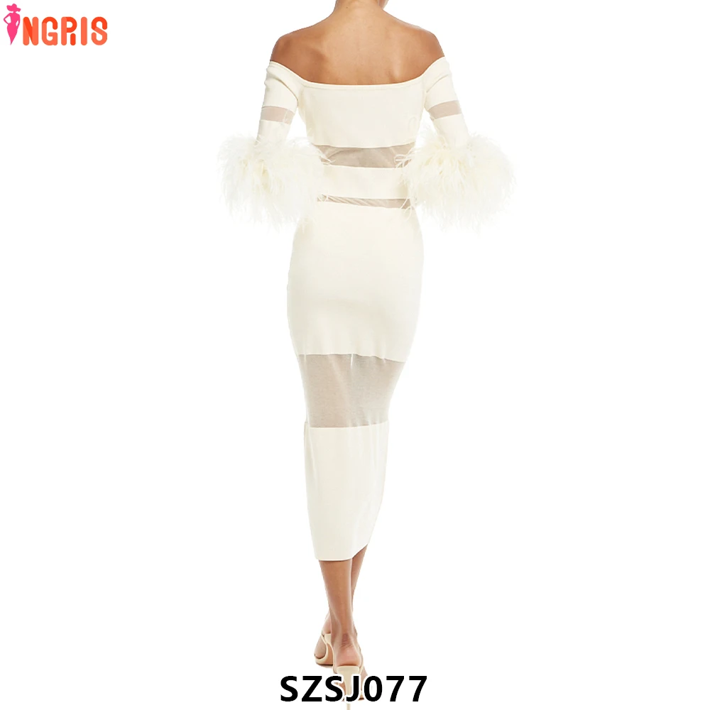 

Bandage Dresses Stylish Bodycon Feather Dress Elegant Off Shoulder Fashion Women Sexy Midi Dress-SZSJ077
