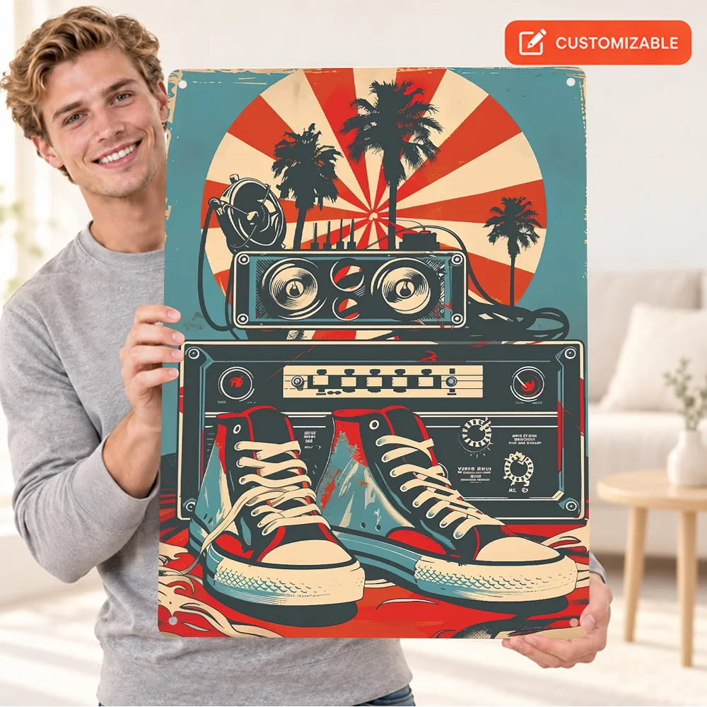 Retro Music And Sneakers Printed Poster Customized Aluminum Metal Sign Graphic Musical Wall Art For Man Cave Housewarming Gift