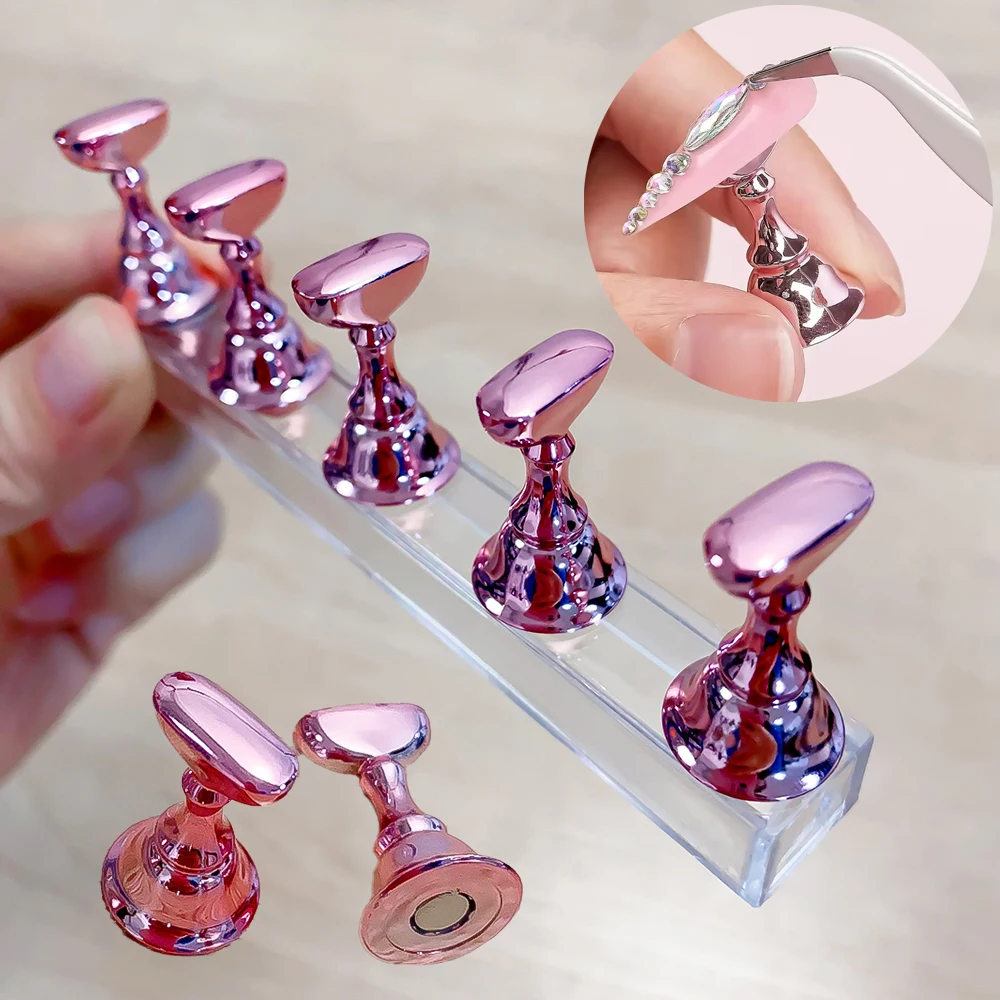 

5pcs Pink Nail Holder Fake Nail Tip Practice Display Stand Chess Borad Magnetic Holder Nail Art UV Gel Polish Showing Shelf Tool