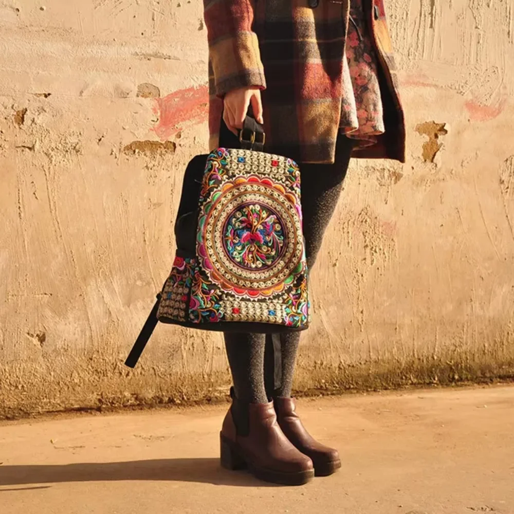 

2025 Fashion Vintage Artistic Embroidered Women Canvas Backpacks Handmade Floral Embroidery Rucksack Schoolbag Denim Travel Bags