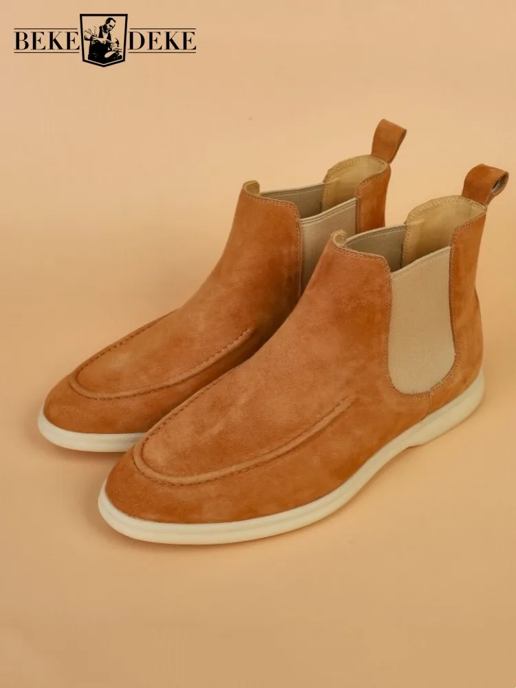 Office Men Business Casual Chelsea Boots Slip On Designer Autumn Sheep Suede High Top Shoes Vintage Genuine Leather Short Boots