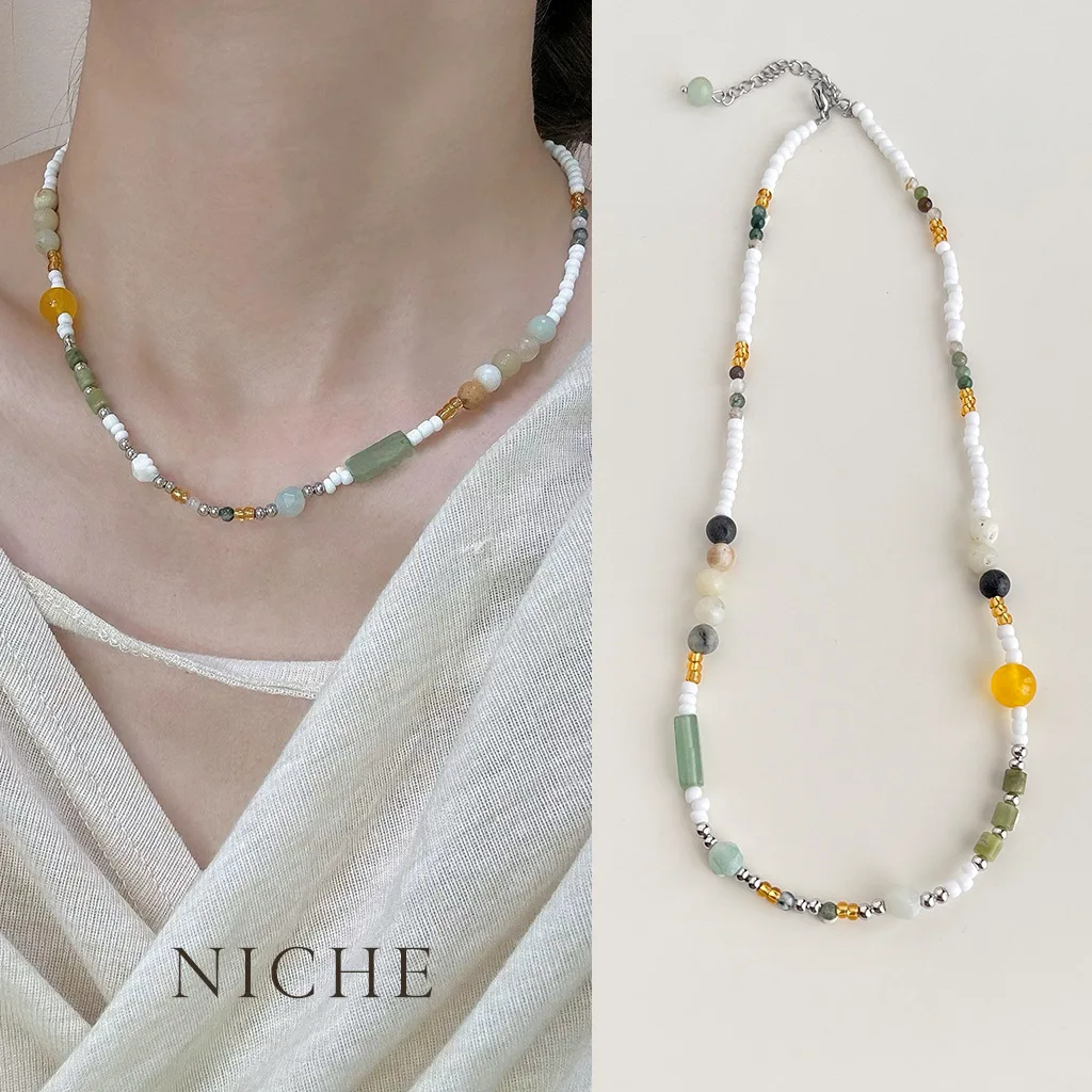 

Oriental Style Handmade Necklace Natural Aventurine Beaded Choker Chinese Bohemian Jewelry Y2K Minimalist Pendant Women's Gift
