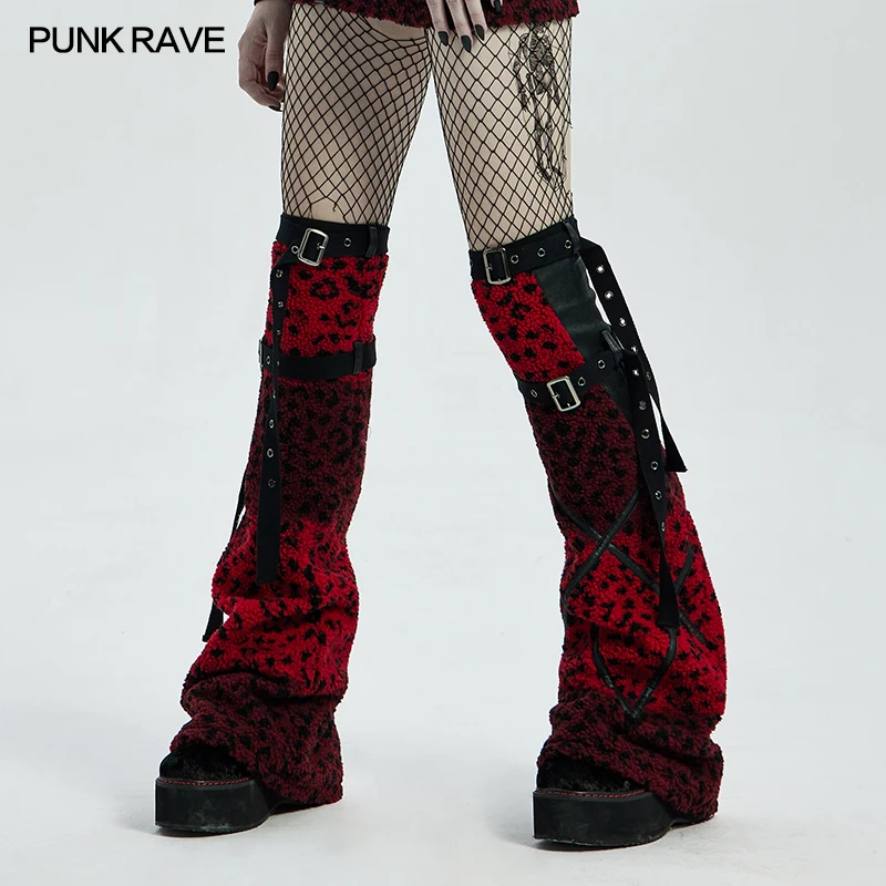 PUNK RAVE-Ensembles de manches de jambe réglables en cachemire tissé léopard pour femmes, ensembles chauds d'hiver pour filles punk, accessoires de mode