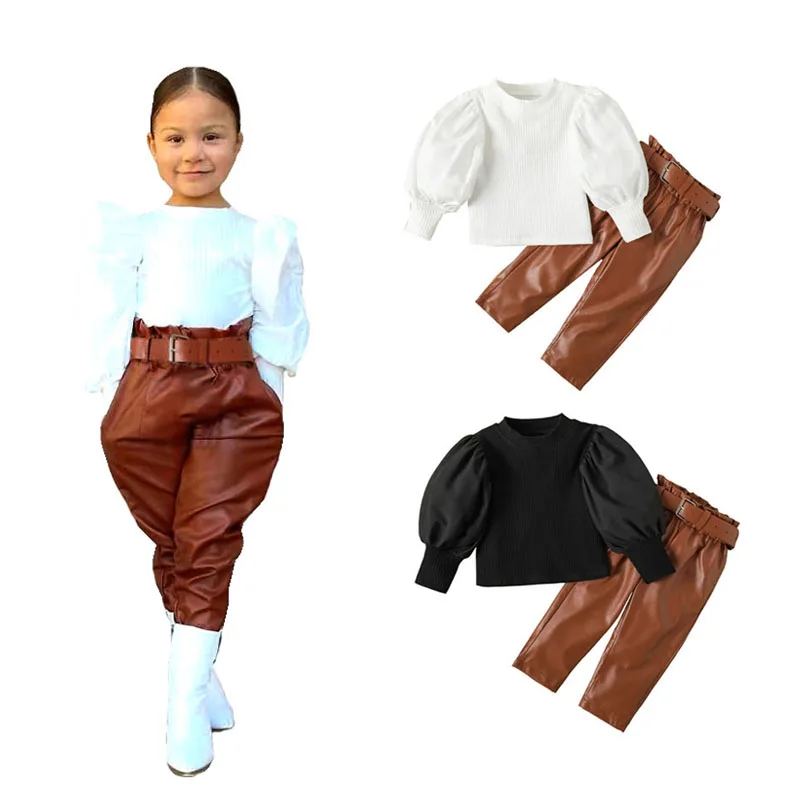 

Clothing Set Spring Autumn Girls' Bubble Sleeves Round Neck Knitted Pullover Shirt +Leather Pants 0-6 Year Fashion Kids Garments