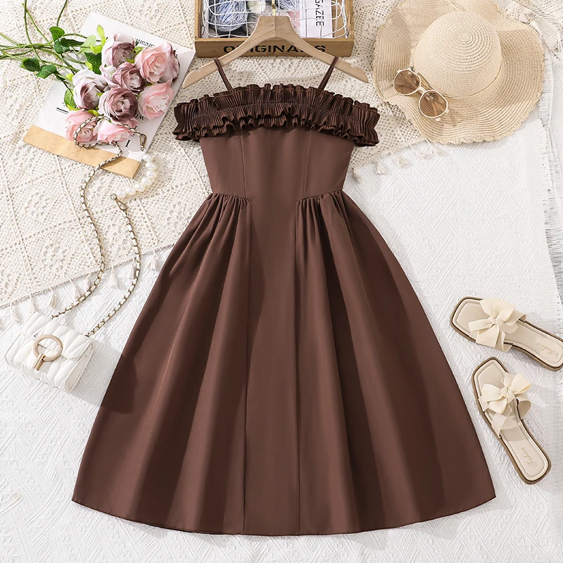 女の子用-8-12歳用-スイートブラウンドレス、フロントフリルオフショルダーaラインヘム-バックスリムボディース、カジュアルキッズ衣装