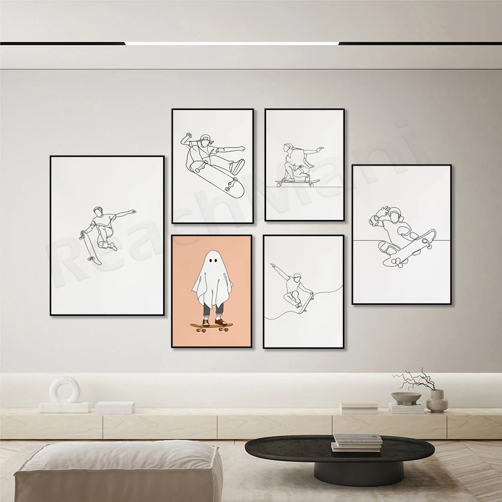 Minimalist skateboard line art, sports print, boy skating poster, simple sketch, black outline, gift for skateboarder lover