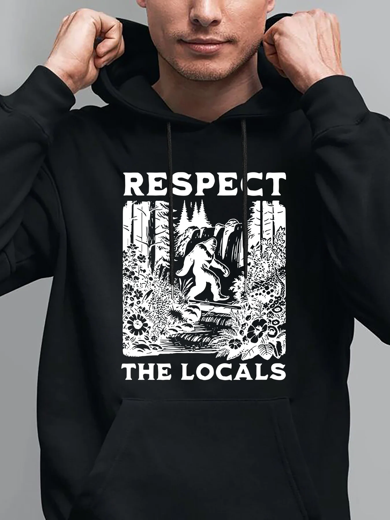 

Geometric Pattern Hoodie with Pocket - Casual Hooded Sweatshirt , Regular Fit "Respect The Locals" Print Hoodie