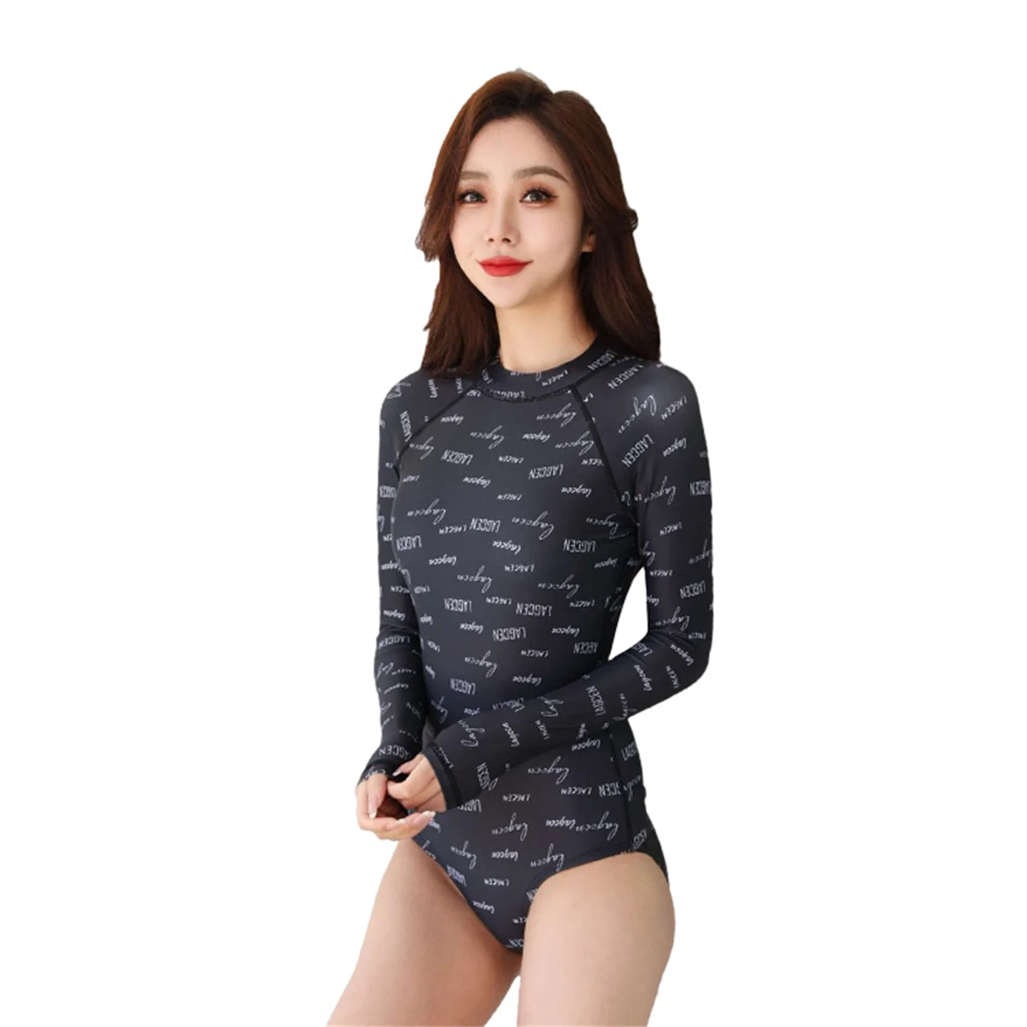 Letter Black Surfing Rash Guards Bikini Diving Suit Women Long Sleeved Triangle Shorts One Piece Swimwear Snorkeling Wetsuit