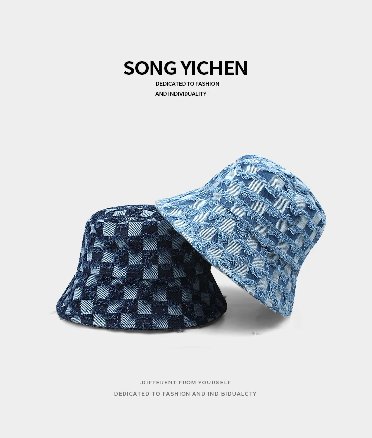 Foldable Checkerboard Fisherman Hat Washed Denim Bucket Hats Unisex Fashion Caps Hip Hop Streetwear Men Women Panama Bucket Cap