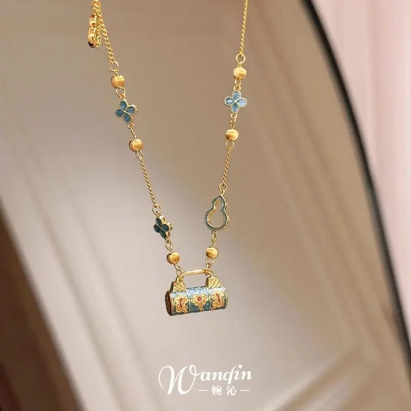 New Chinese Enamel Burning Blue Peace Lock Pendant Necklace Retro Contrast Gold Plated Color Court Style Clavicle Chain Pendant