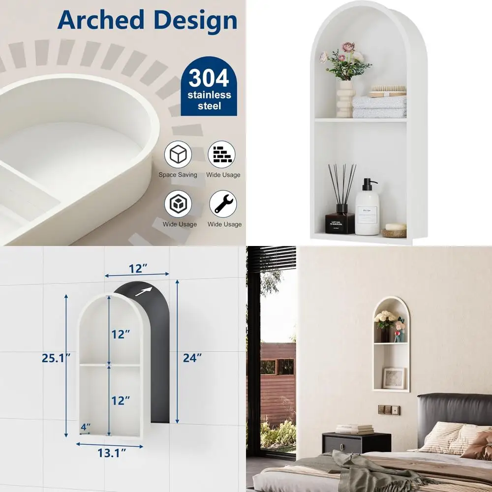

12 x 24 Arched Double Shower Shelves, No Tile Required, Matte White