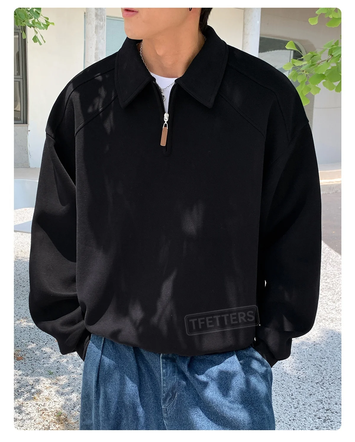 TFETTERS Eu Size 2026 Men Half Zip Collared Sweatshirt Autumn Heather Gray Pullover Loose Fit Casual Daily Long Sleeve Sweat Top