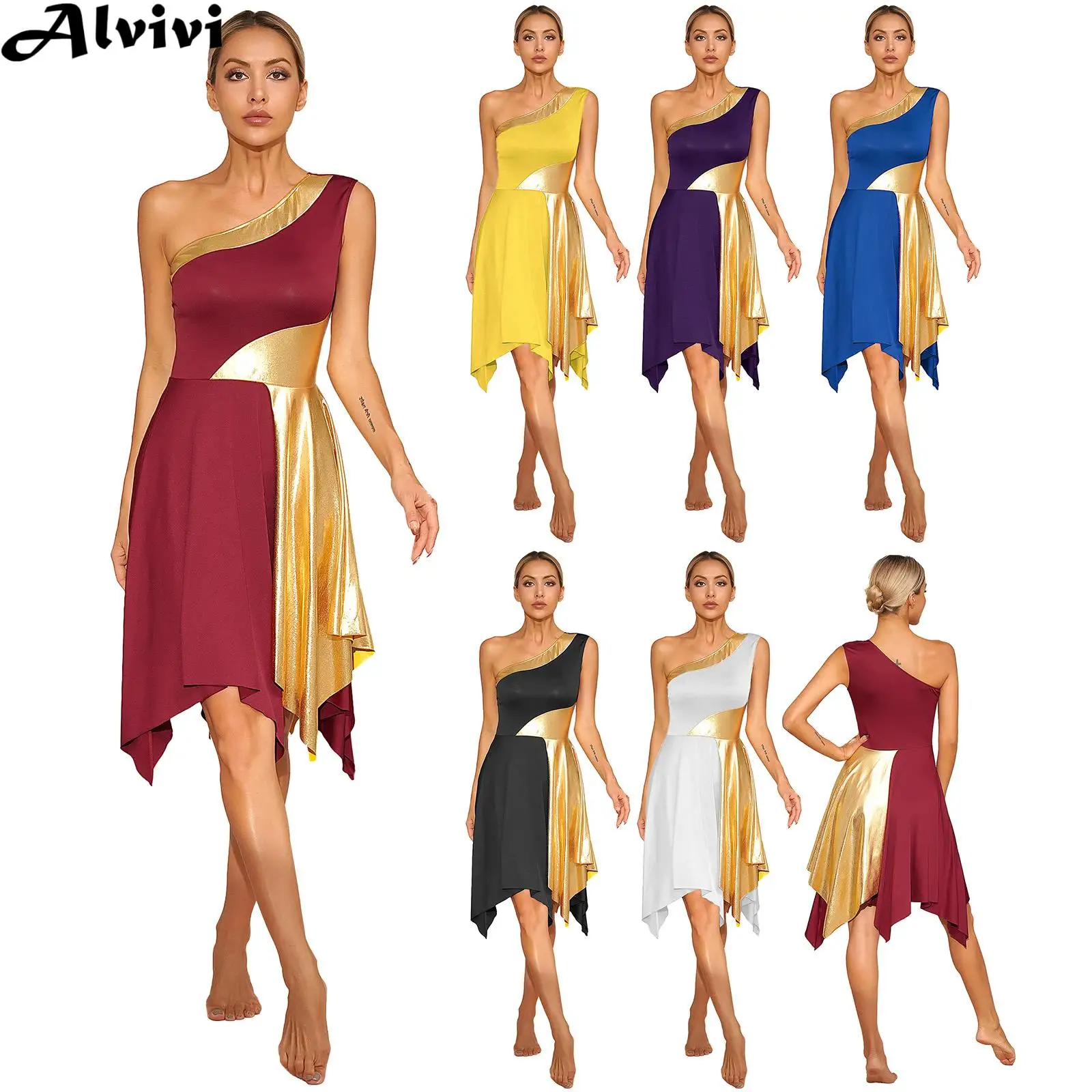 Women Liturgical Worship Choir Praise Lyrical Dance Dress One Shoulder Irregular Hem Gown Ballroom Waltz Performance Clothes
