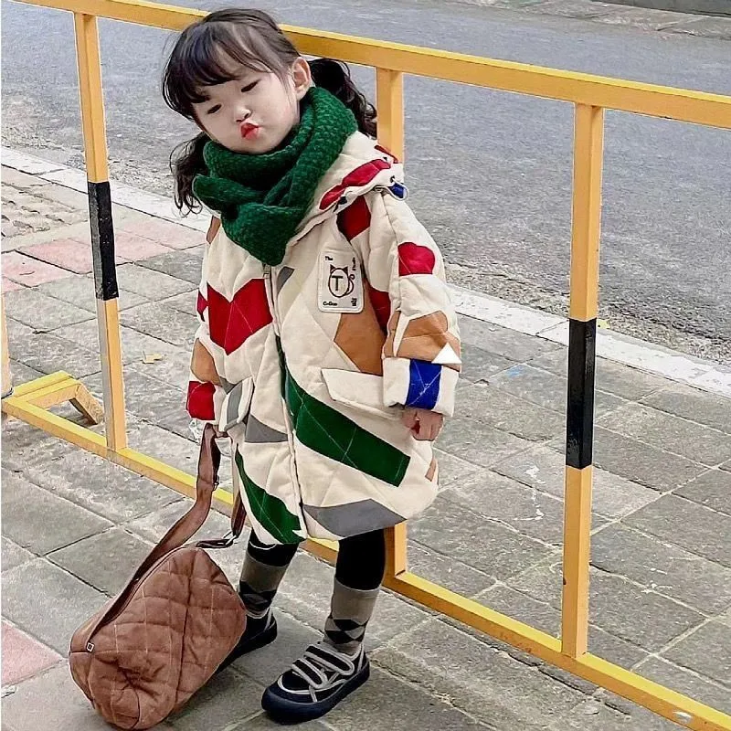 80-130cm Girl Unisex Korean Cotton Jackets Medium Length Children's Casual Handsome Toddler Boys Girls Printing Jacket Winter