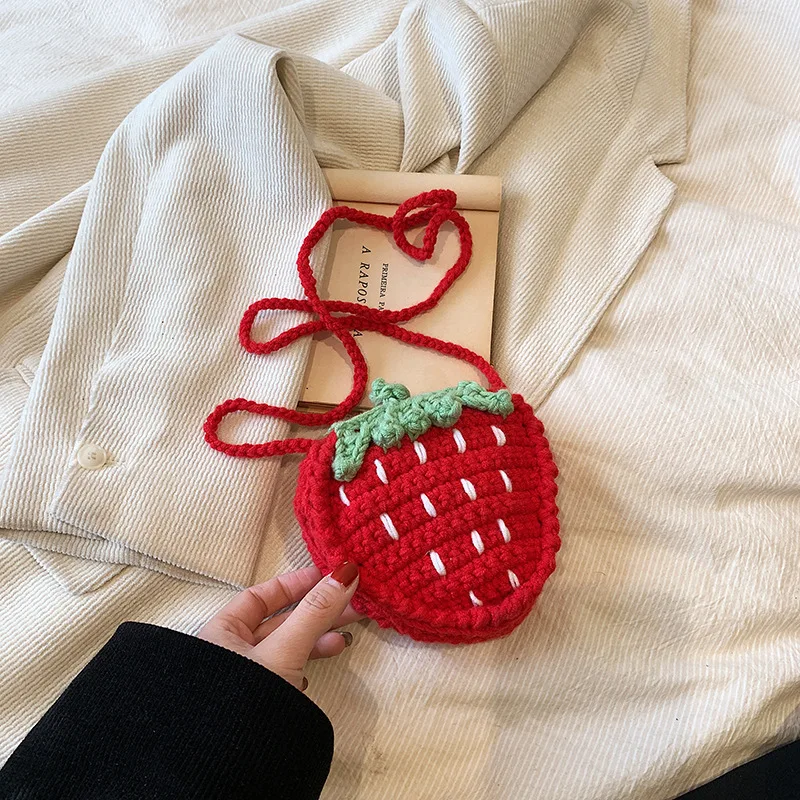 Handmade Knitted Children\'s Wool Coin Purse Cute Little Girl Strawberry Cross-Body Bag Girls\' Leisure Mini Shoulder Bag