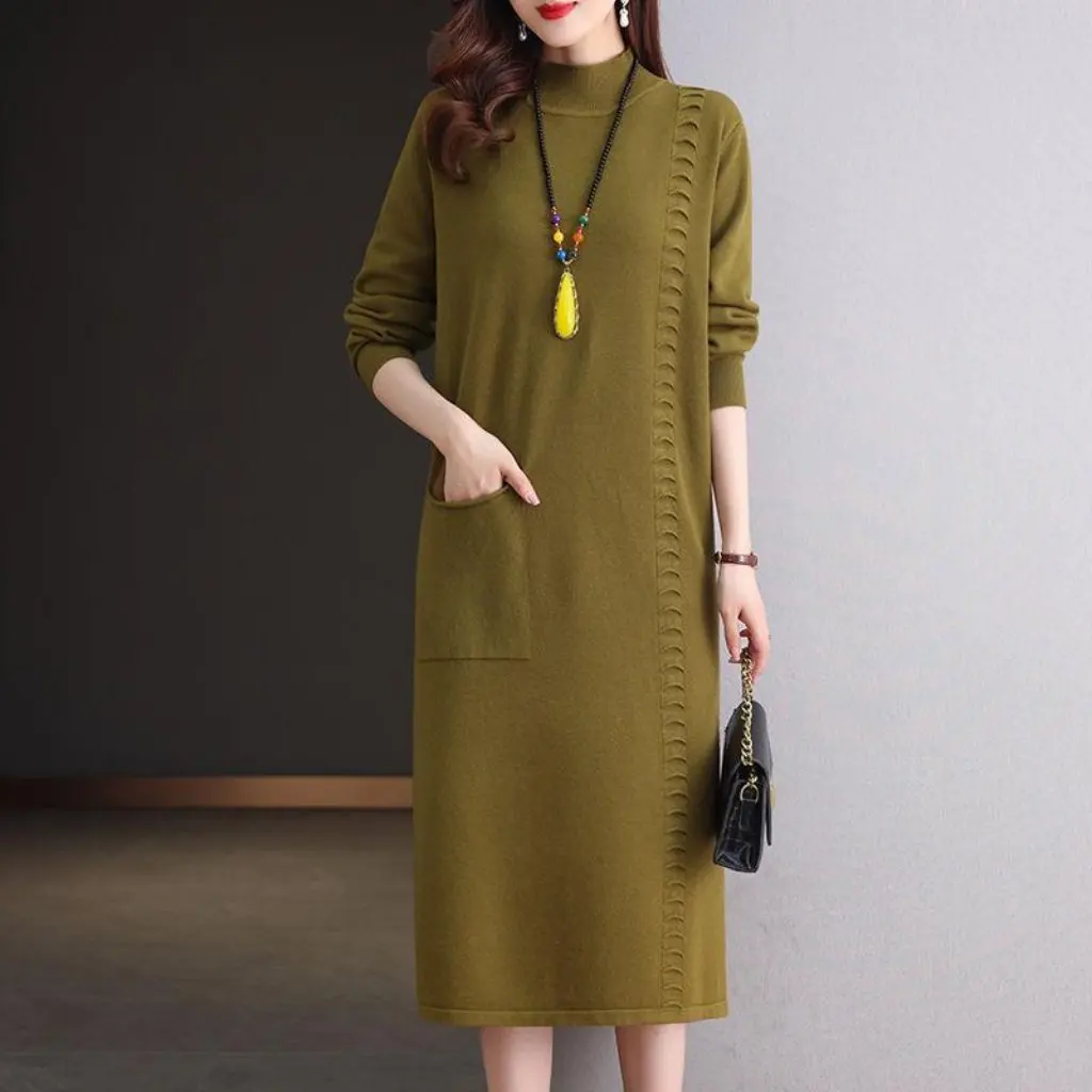 

Women's Slimming Knitted Shirt Over-the-Knee Half-High Collar Top with Pockets Mid-Length Loose Fit for Autumn Winter