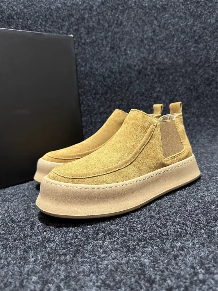 Spring New Mens Thick Platform High Top Skateboard Shoes Slip On Casual Loafers Suede Leather Chelsea Shoes Round Toe Footwear