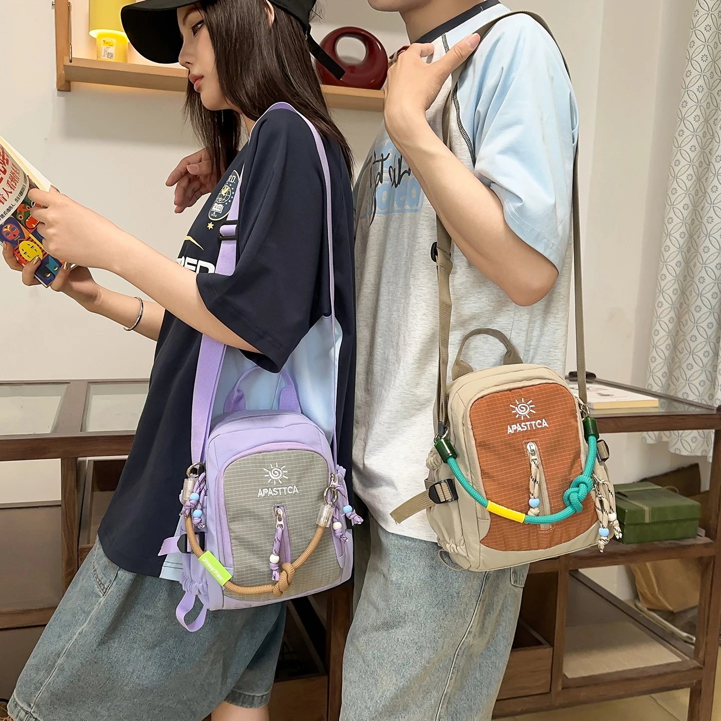 Multi Layer Kettle Bag Designe Contrasting Color Crossbody Purse for Girls Travel Leisure Shoulder Bag Nylon Waterproof Handbag